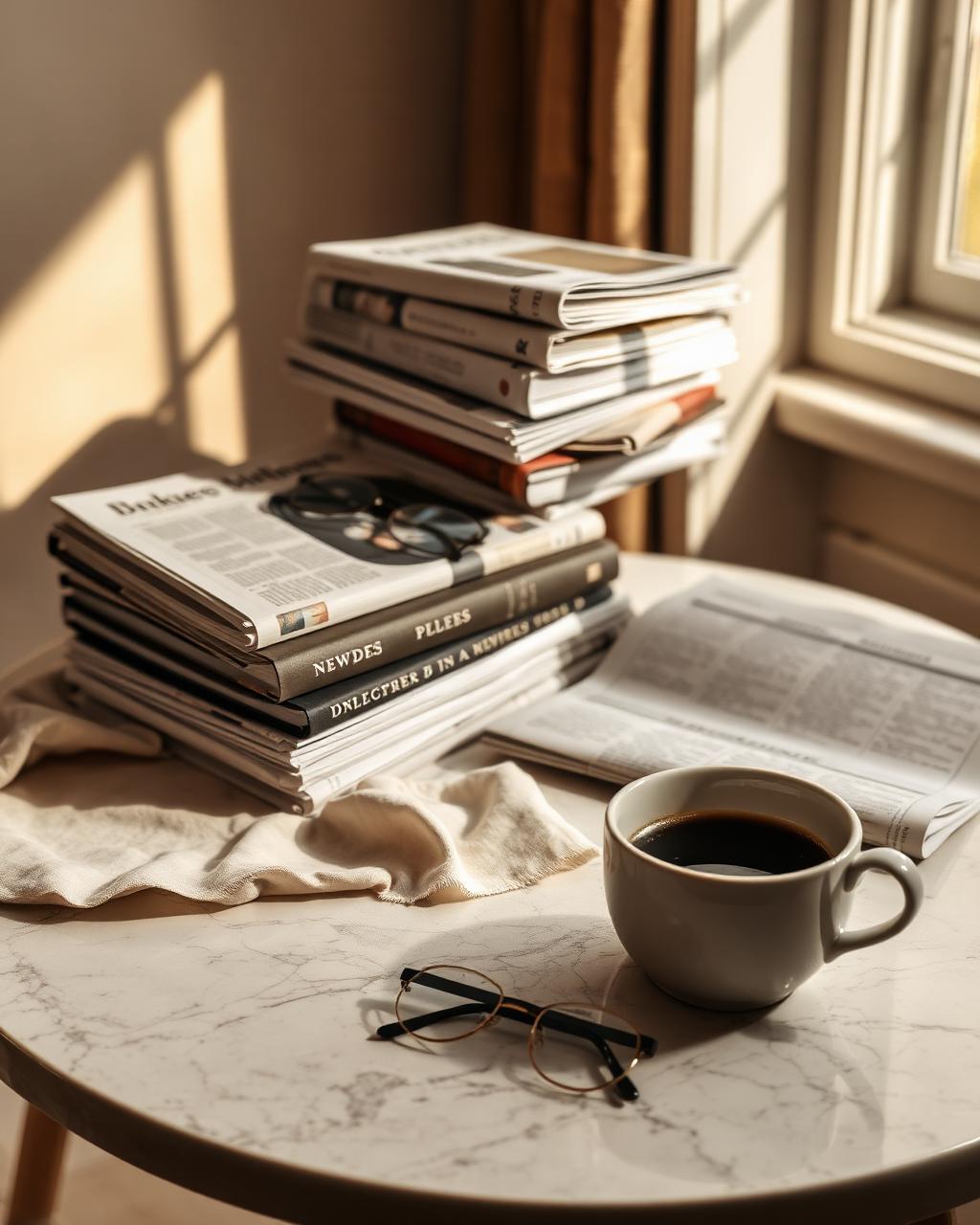 Buku, akhbar dan cawan kopi di meja marmar — ruang untuk membaca dengan tenang